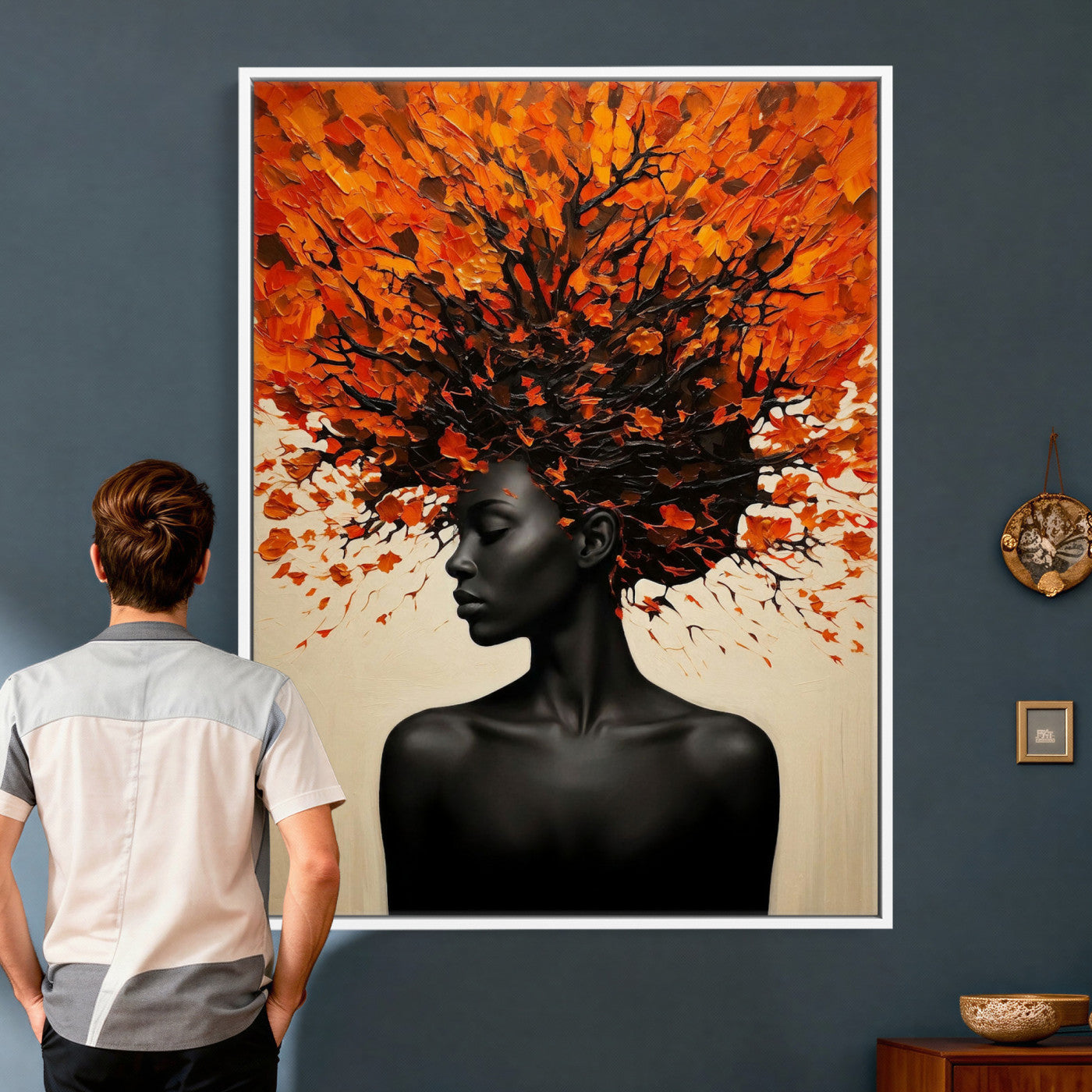 99995103-MGV-CV-24X36 - Black Woman Autumn Tree Canvas Wall Art Surreal African Portrait Painting Print