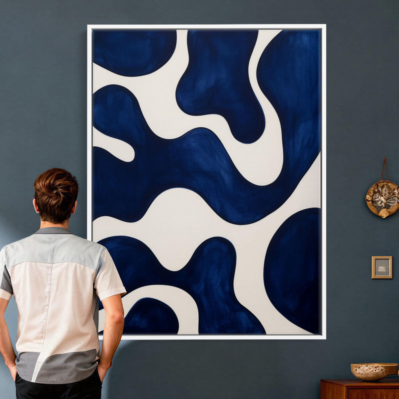 37225955-MGV-CV-24X36 - Minimalist Navy Blue Abstract Canvas Wall Art Organic Shapes Painting Print