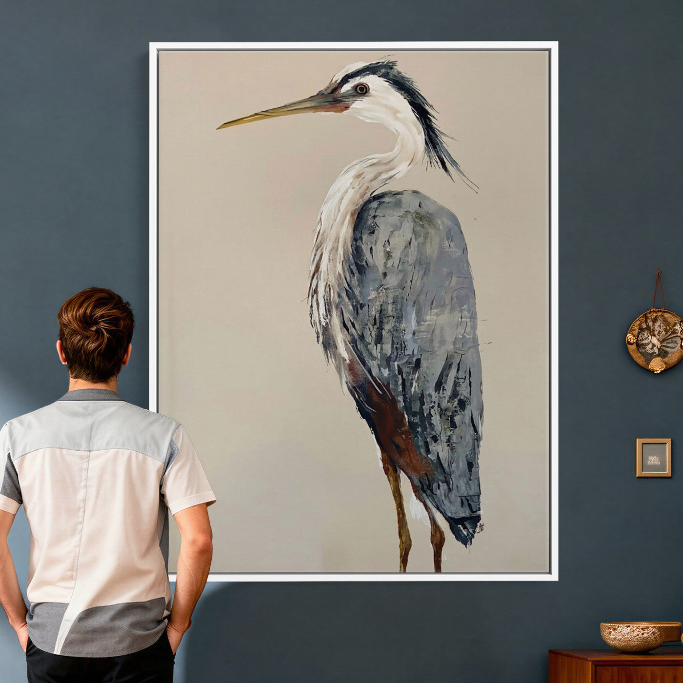 80349996-MGV-TP-24X36 - Great Blue Heron Canvas Wall Art - Coastal Bird Oil Painting Print for Home Wall Decor