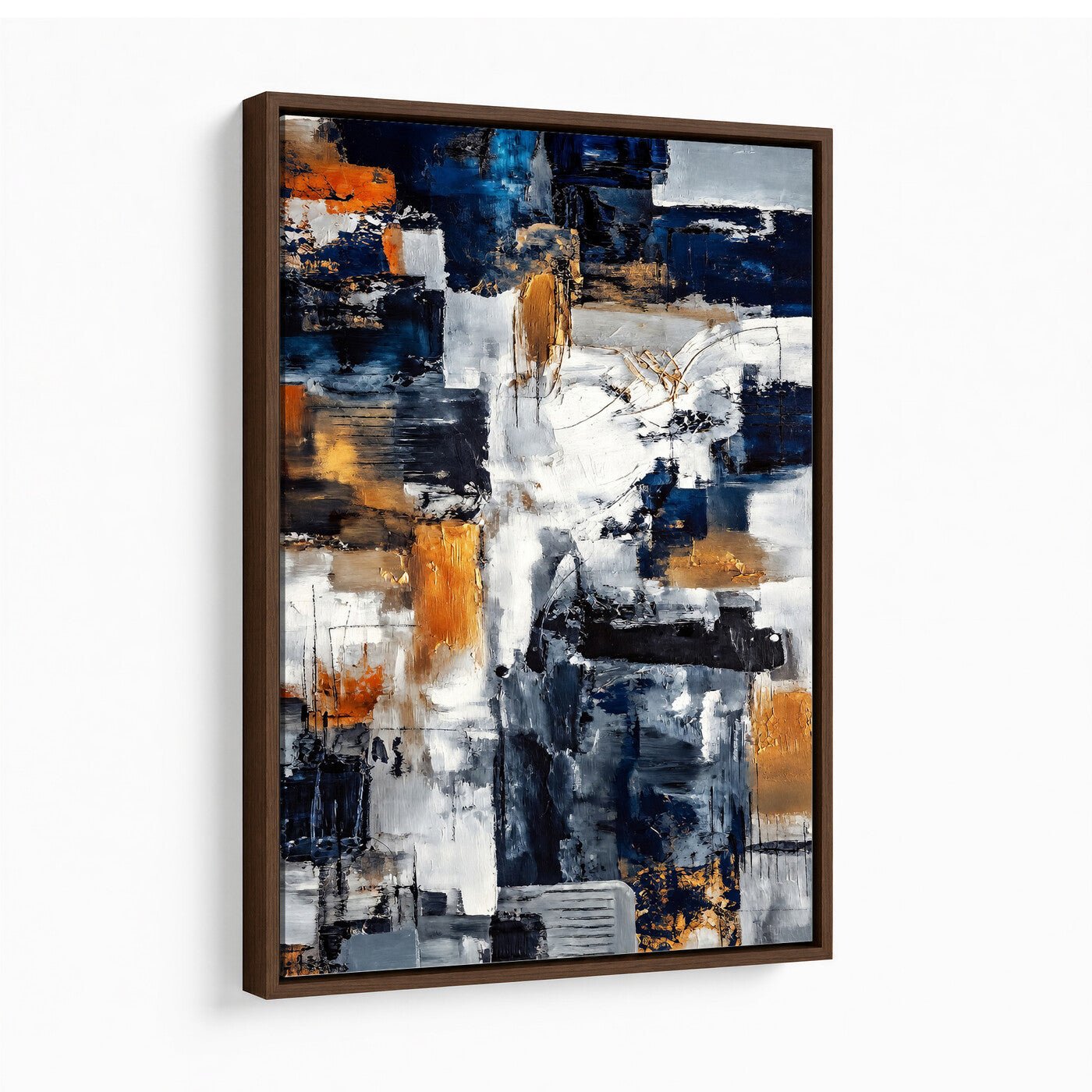 85264820-MGV-CV-24X36 - Blue Teal Abstract Canvas Wall Art - Modern Textured Painting Print, Navy Orange White Contemporary Art, Neutral Living Room Decor, Office Art