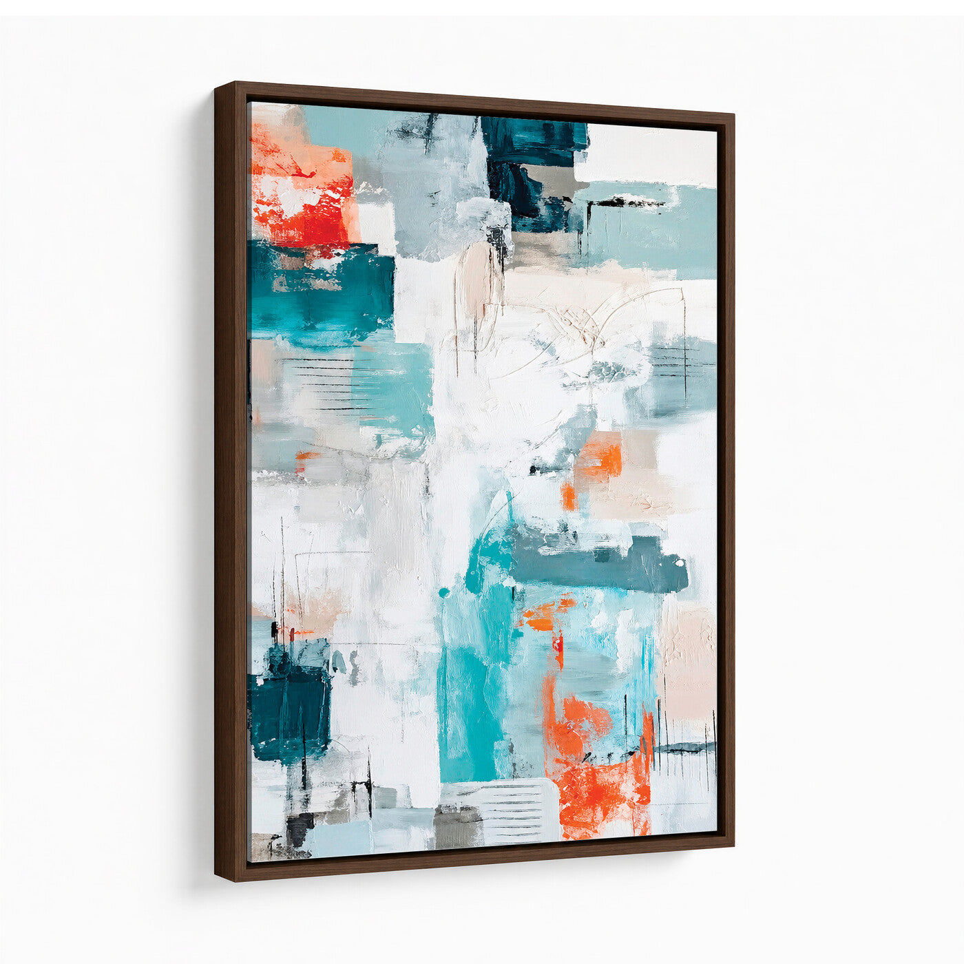 47011485-MGV-CV-24X36 - Blue Teal Abstract Canvas Wall Art, Modern Textured Painting Print, Navy Orange White Contemporary Art, Neutral Living Room Decor, Office Art