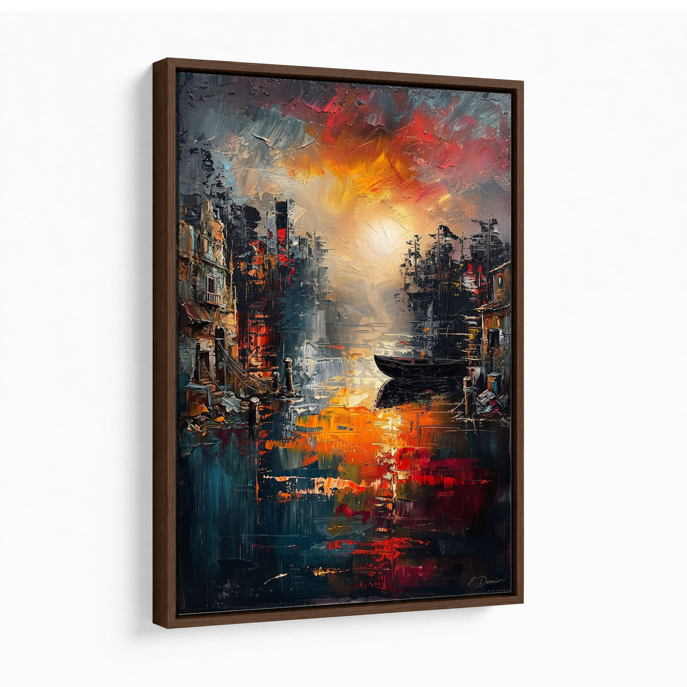16611381-MGV-CV-24X36 - Vibrant Sunset Harbor Canvas Wall Art Abstract Cityscape Oil Painting Print