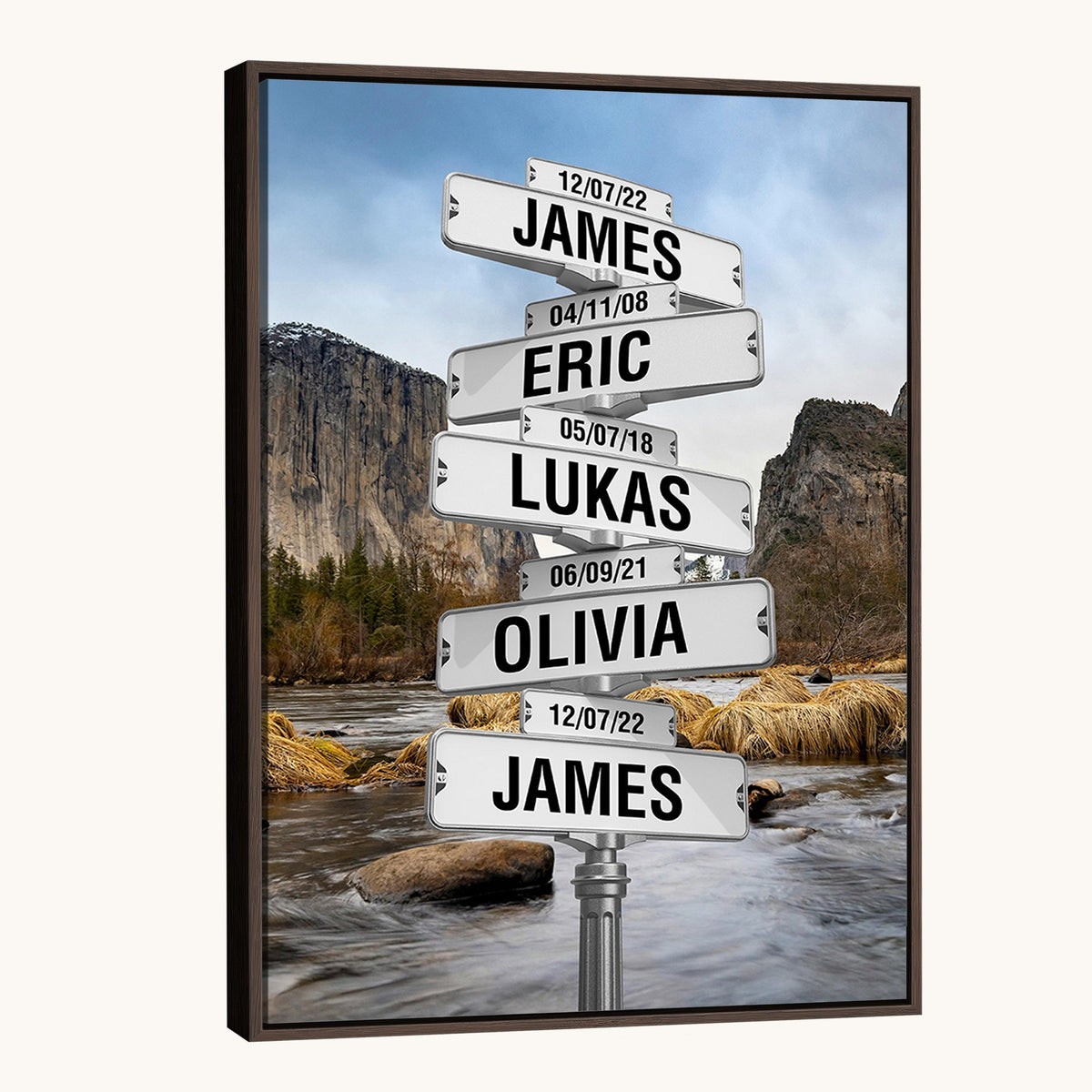 Personalized Family Name Street Sign Canvas Print with Mountain River View