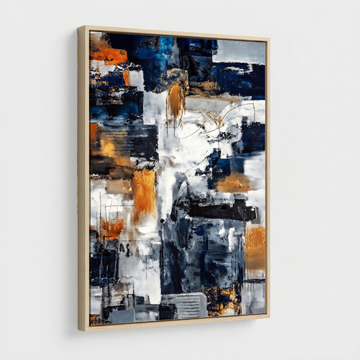 85264820-MGV-CV-24X36 - Blue Teal Abstract Canvas Wall Art - Modern Textured Painting Print, Navy Orange White Contemporary Art, Neutral Living Room Decor, Office Art