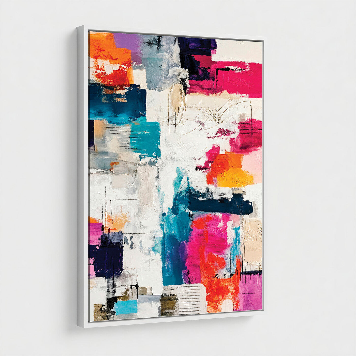 83175929-MGV-CV-24X36 - Blue Teal Abstract Canvas Wall Art Print - Modern Textured Painting Print, Navy Orange White Contemporary Art, Neutral Living Room Decor, Office Art
