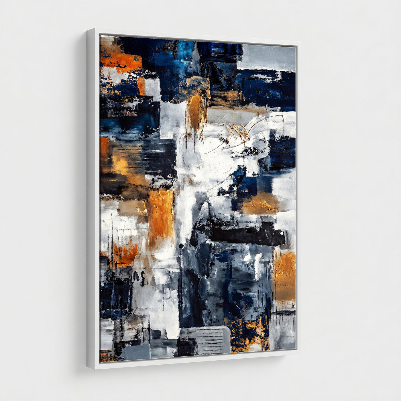 85264820-MGV-CV-24X36 - Blue Teal Abstract Canvas Wall Art - Modern Textured Painting Print, Navy Orange White Contemporary Art, Neutral Living Room Decor, Office Art