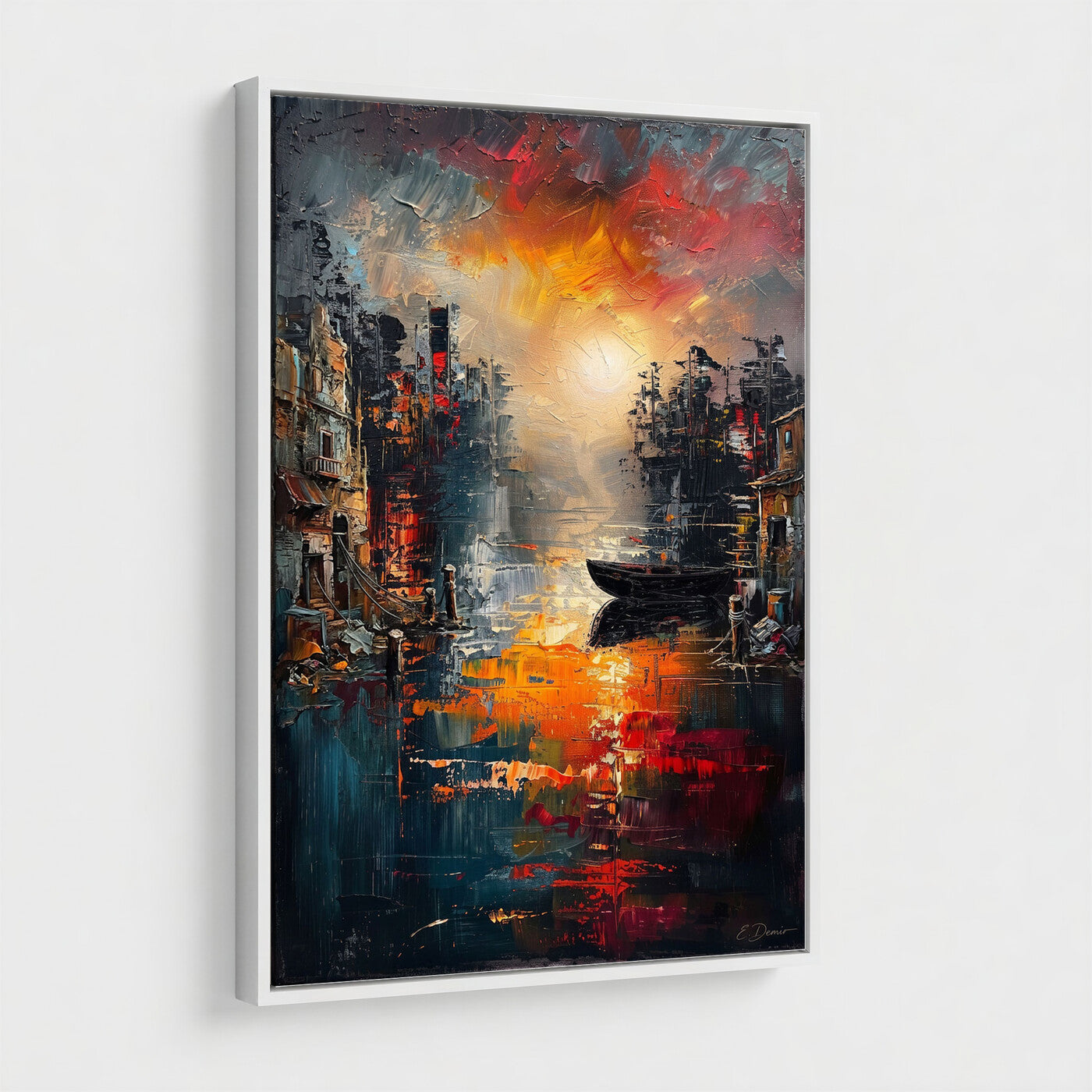 16611381-MGV-CV-24X36 - Vibrant Sunset Harbor Canvas Wall Art Abstract Cityscape Oil Painting Print