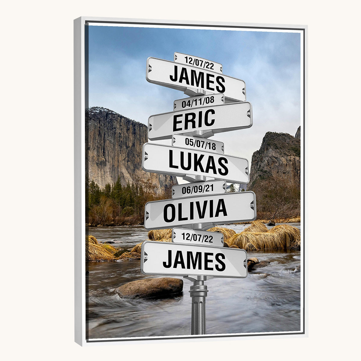 Personalized Family Name Street Sign Canvas Print with Mountain River View