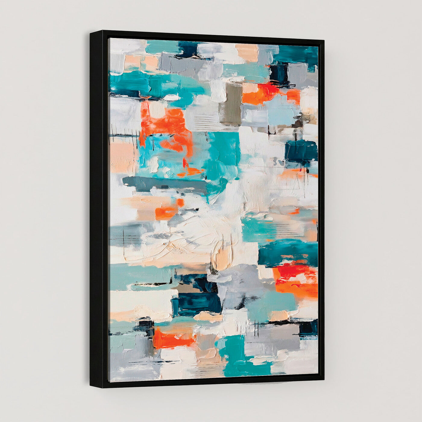 74742966-MGV-CV-24X36 - Blue Teal Abstract Canvas Wall Art - Modern Textured Painting Print, Navy Orange White Contemporary Art, Neutral Living Room Decor, Office Art