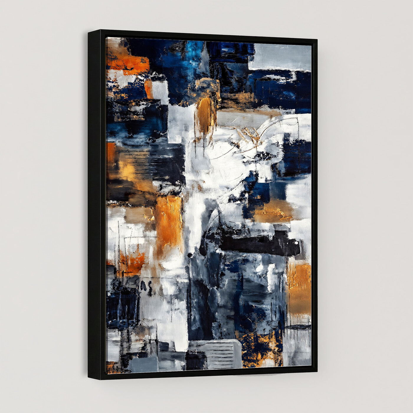 85264820-MGV-CV-24X36 - Blue Teal Abstract Canvas Wall Art - Modern Textured Painting Print, Navy Orange White Contemporary Art, Neutral Living Room Decor, Office Art