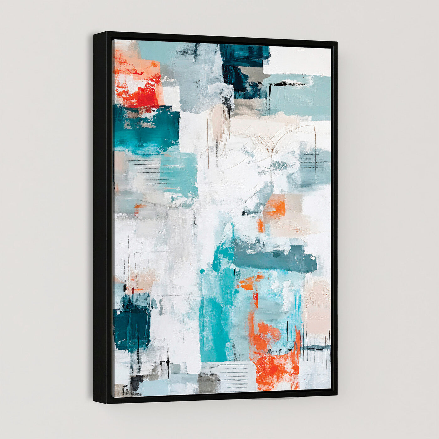 47011485-MGV-CV-24X36 - Blue Teal Abstract Canvas Wall Art, Modern Textured Painting Print, Navy Orange White Contemporary Art, Neutral Living Room Decor, Office Art