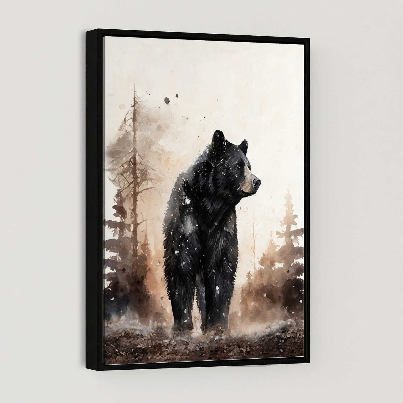 17399305-MGV-CV-24X36 - Black Bear Canvas Wall Art Winter Forest Watercolor Painting Print