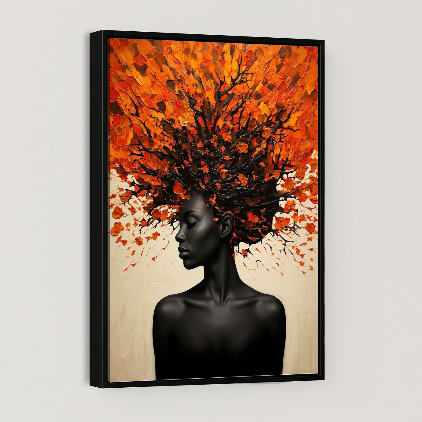 99995103-MGV-CV-24X36 - Black Woman Autumn Tree Canvas Wall Art Surreal African Portrait Painting Print