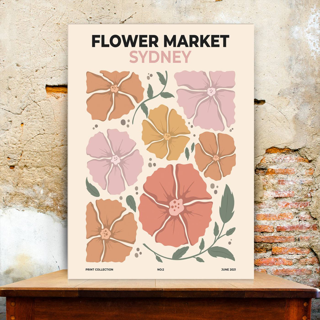 A beautifully crafted Flower Market Sydney Canvas Wall Art Print showcases a modern floral design. The textured wall in the background enhances its elegance and charm, making it a perfect addition to any living room, bedroom, or office.