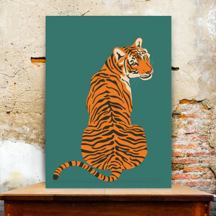 Illustration of a vibrant tiger against a textured wall, finished in gallery-quality on teal premium canvas, our Minimalist Bold Tiger Canvas Wall Art Print offers modern animal artwork ideal for any living room, bedroom, or office.