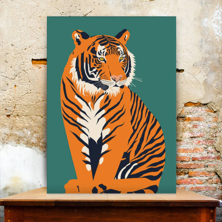 The living room features a captivating piece of wall art: the Minimalist Bold Tiger Canvas Wall Art Print, which displays a vibrant tiger design against a green backdrop. The premium canvas guarantees durability and enhances the room's decor with an elegant touch.