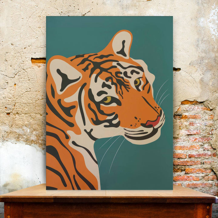 The "Bold Tiger Canvas Wall Art Print" is a captivating piece featuring a vibrant tiger design with orange and black striped fur against a green backdrop. Printed on premium canvas, it offers a gallery-quality finish, making it stunning wall art for your living room, bedroom, or office.