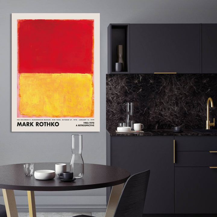 A Mark Rothko canvas wall art print, showcasing iconic abstract expressionist design in red and yellow, graces the wall, adding vibrancy to the minimalist interior.