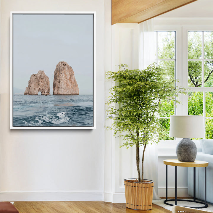 Faraglioni Capri Wall Art Canvas Print, Serene Ocean Print, Framed Mediterranean Coastal Art Print, Large Rocky Ocean Printing