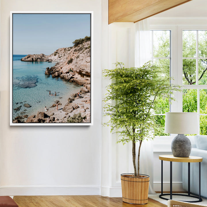 Turquoise Cove Wall Art Canvas Print, Ibiza Beach Print, Framed Mediterranean Shore Art Print, Large Clear Shoreline Printing Boho