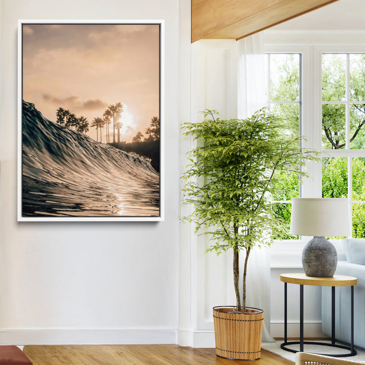 Golden Hour Ocean Wall Art Canvas Print, Tropical Beach Sunset Print, Framed Palm Tree Silhouettes Art Print, Large Warm Coastal