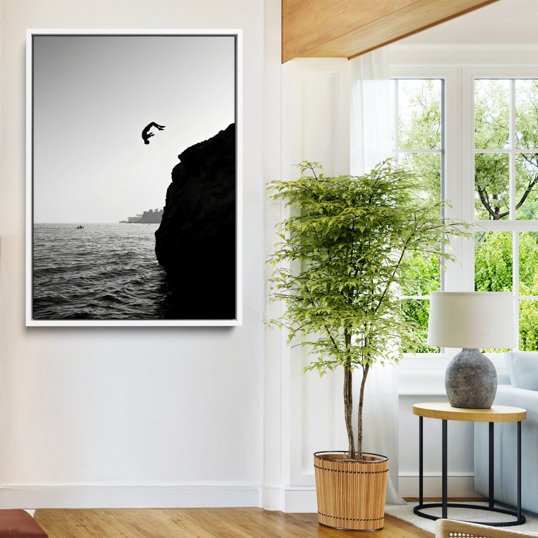 Cliff Jumping Wall Art Canvas Print, Black White Ocean Print, Framed Monochrome Cliff Dive Art Print, Large Coast Dive Printing,