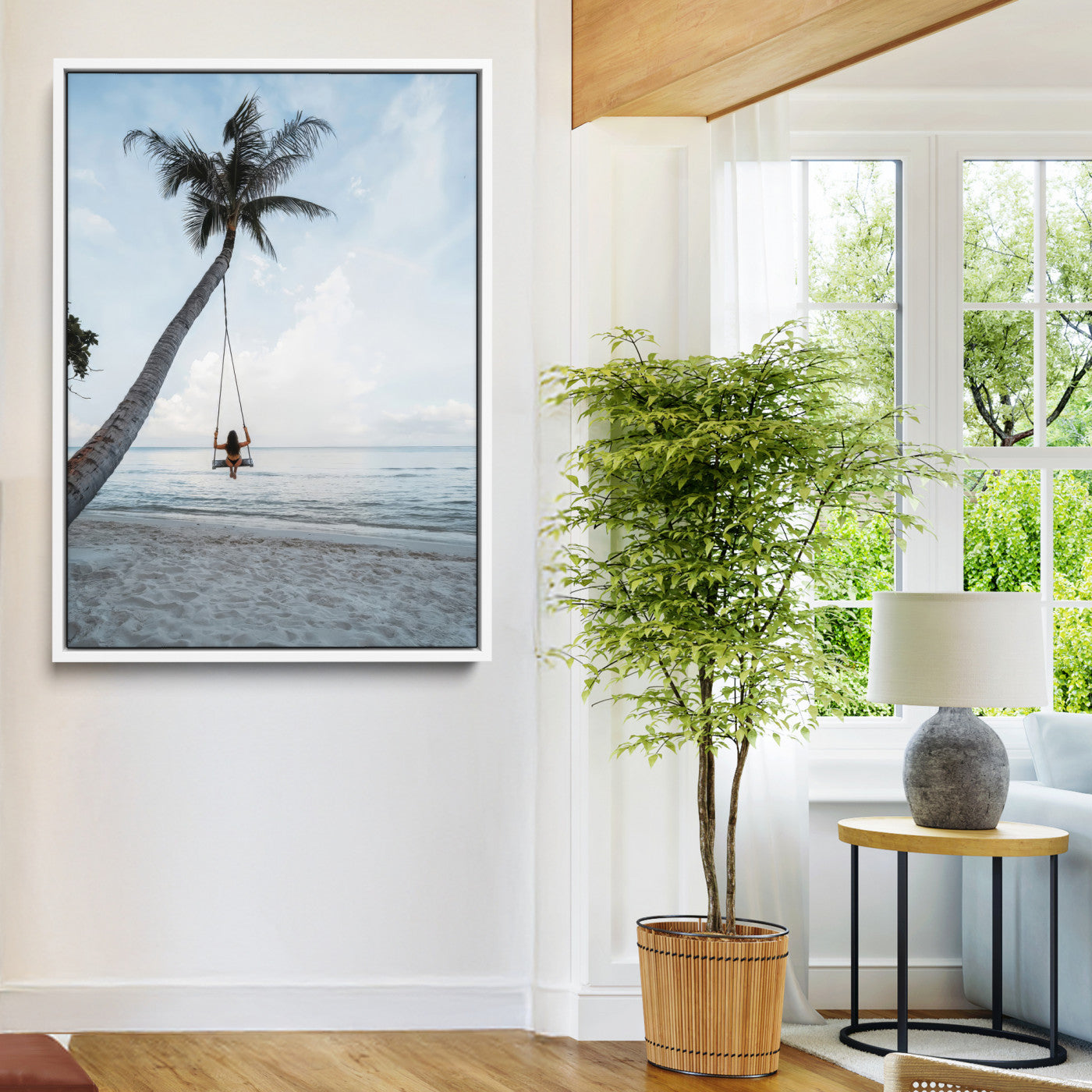 86062249-MGV-FC-36X24-Tropical Swing Scene Wall Art Canvas Print, Framed Tranquil Ocean Art Picture Print, Minimalist Palm Perfect Tropical Decor, Tropical Swing