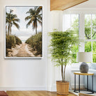 47319550-MGV-FC-36X24-Tropical Beach Wall Art Canvas Print, Framed Rustic Sand Art Picture Print, Palm Tree Perfect Coastal Decor