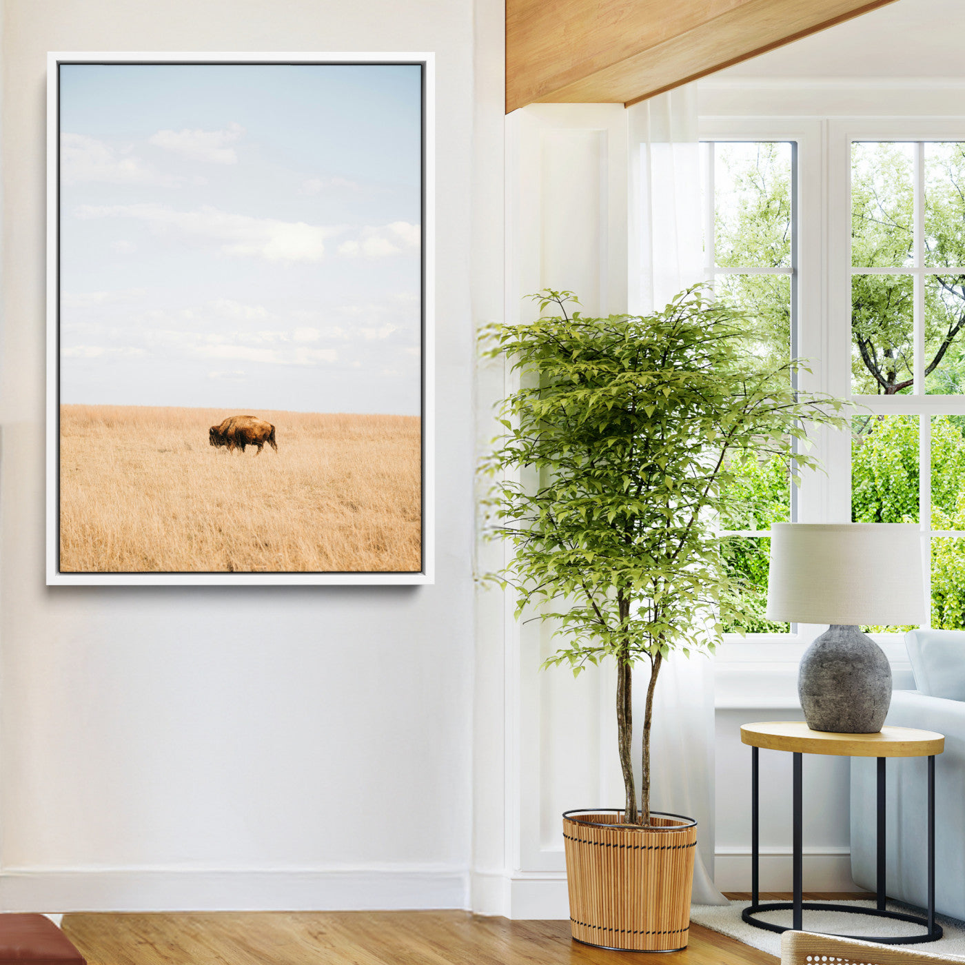 Minimalist Nature Wall Art Canvas Print, Framed Bison In Grassland Art Print, Open Field Perfect Modern Ranch Decor Decor Artwork