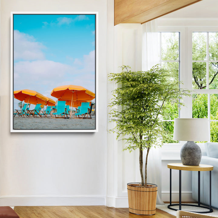 Beach Umbrellas Wall Art Canvas Print, Framed Coastal Vibes Art Picture Print, Tropical Paradise Perfect Coastal Boho Decor Artwork