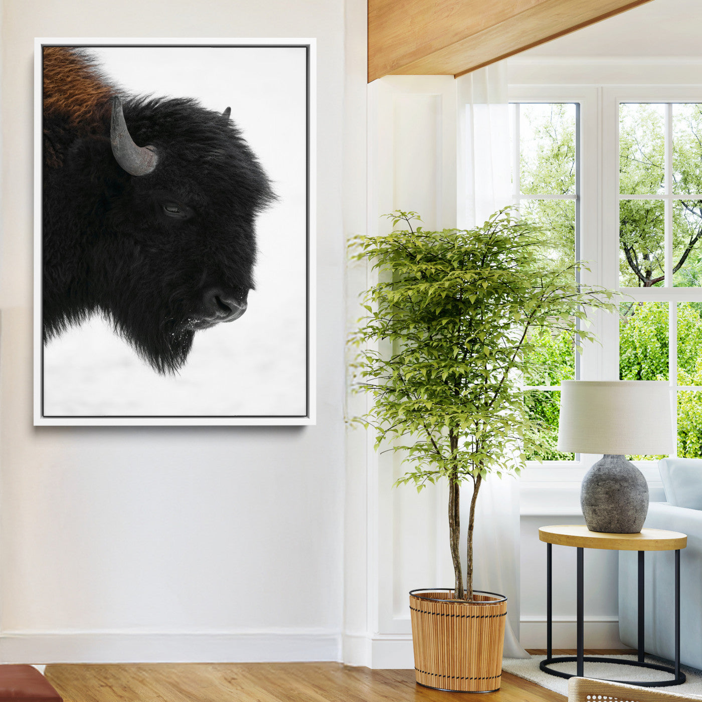 Western Rustic Wall Art Canvas Print, Framed Buffalo Photography Art Picture Print, Black and White Wildlife Perfect Modern Ranch Decor