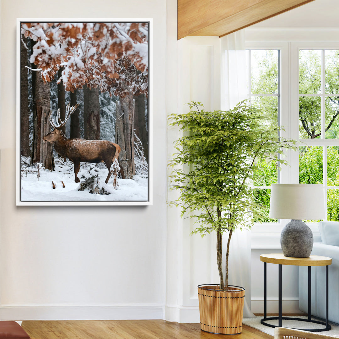 Serene Landscape Wall Art Canvas Print, Framed Winter Wonderland Art Picture Print, Winter Deer Canvas Perfect Rustic Cabin Decor Artwork