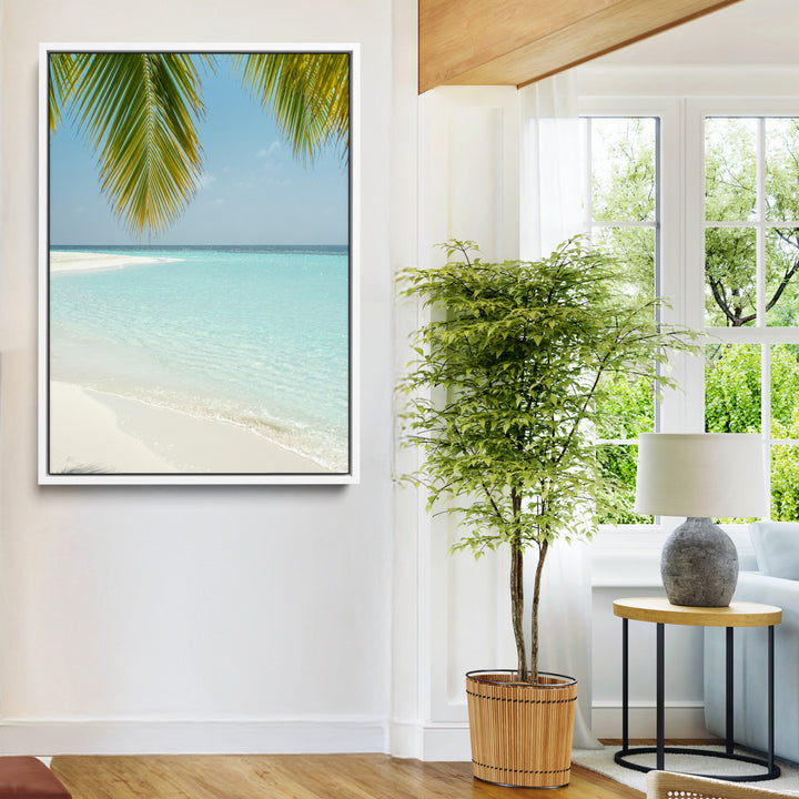Azure Water Wall Art Canvas Print, Framed Tranquil Island Escape Art Picture Print, Clear Blue Ocean Wall Art Coastal Minimalist Decor