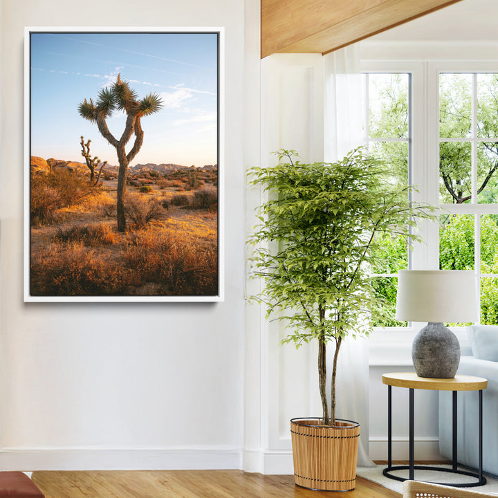 Framed Joshua Tree Print, Golden Hour Desert Print, Framed Sunset Glow Art Print, Large Arid Terrain Printing Southwestern