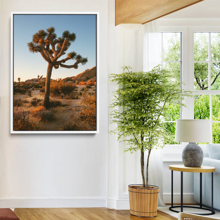Joshua Tree Artwork Canvas Print, Desert Sunset Print, Framed Golden Hour Light Art Print, Large Southwestern Landscape Printing, Framed