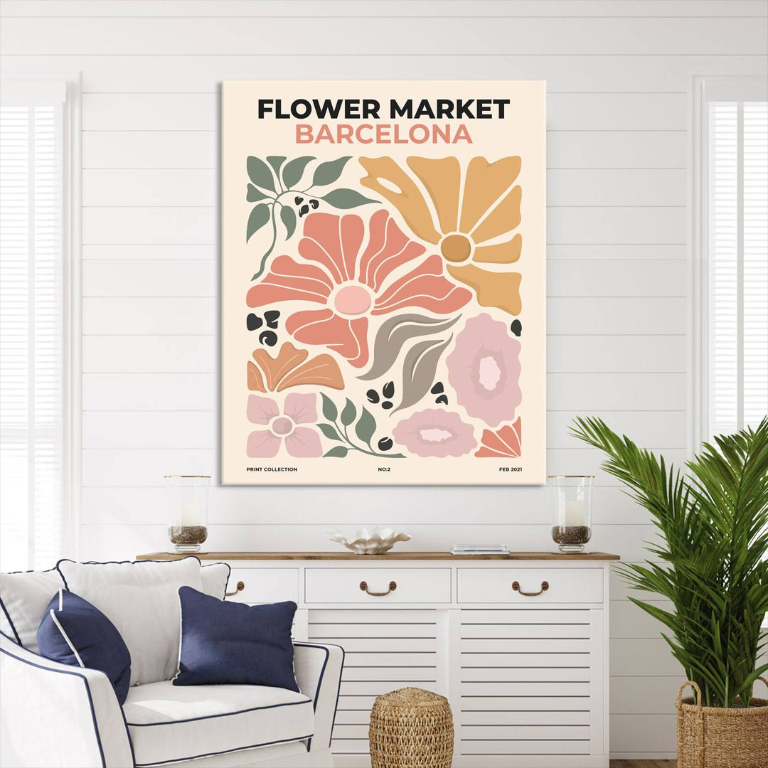 The Flower Market Paris Canvas Wall Art Print, featuring an elegant floral design, is displayed on a white wall.