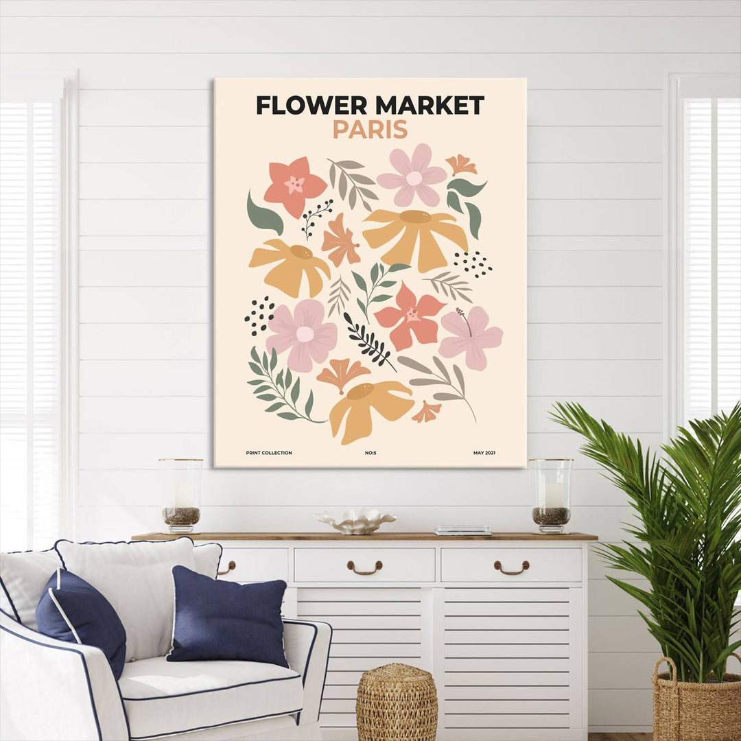 A chic floral canvas, the Flower Market Paris Canvas Wall Art Print, is displayed, adding elegance to the room.