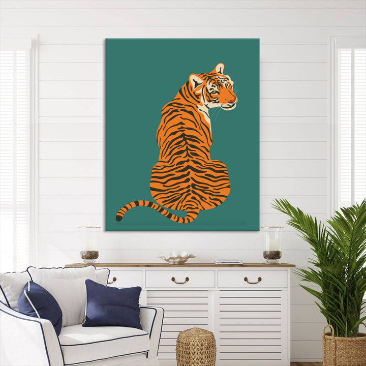 Illustration of a vibrant tiger against a textured wall, finished in gallery-quality on teal premium canvas, our Minimalist Bold Tiger Canvas Wall Art Print offers modern animal artwork ideal for any living room, bedroom, or office.