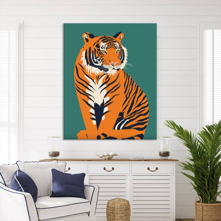 The living room features a captivating piece of wall art: the Minimalist Bold Tiger Canvas Wall Art Print, which displays a vibrant tiger design against a green backdrop. The premium canvas guarantees durability and enhances the room's decor with an elegant touch.