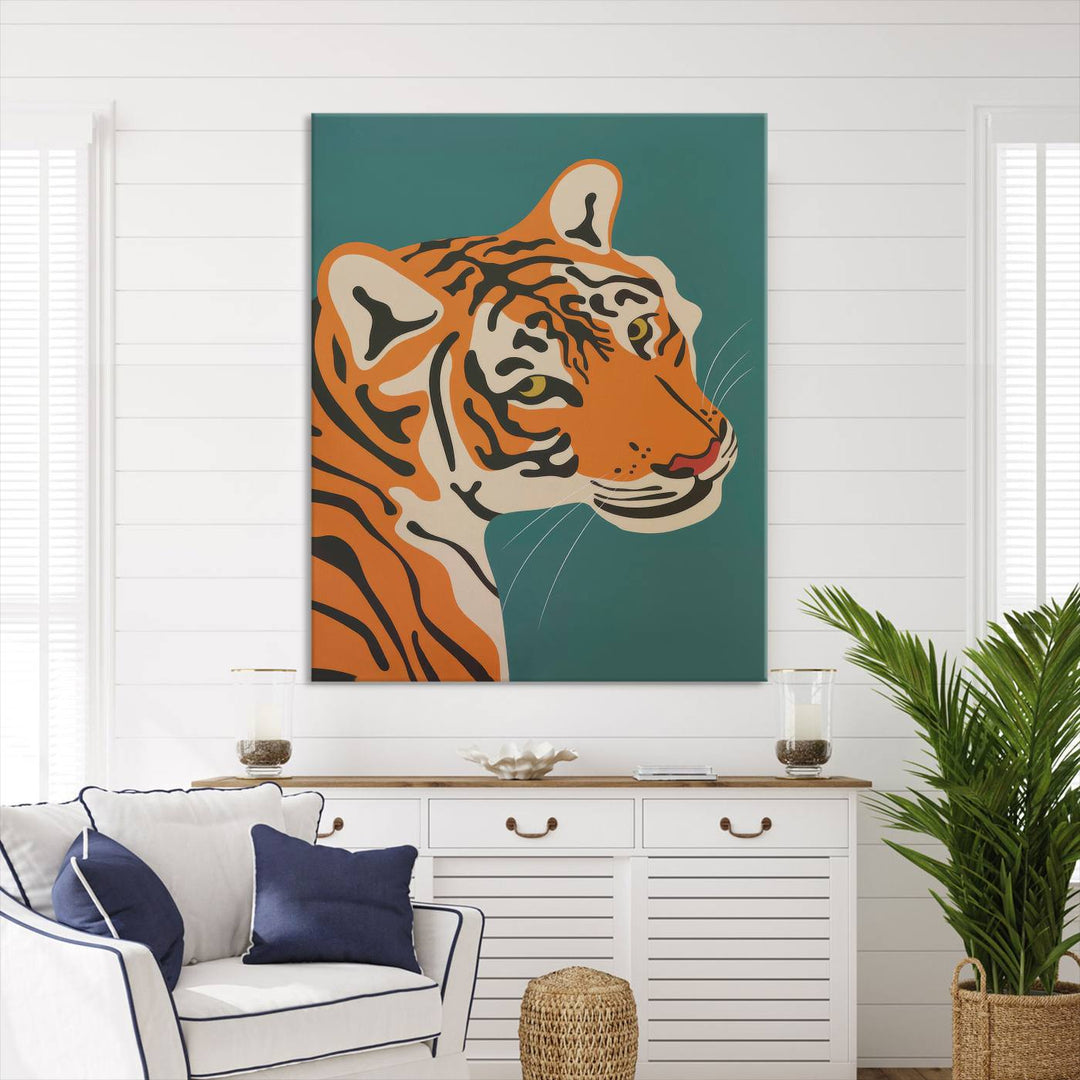 The "Bold Tiger Canvas Wall Art Print" is a captivating piece featuring a vibrant tiger design with orange and black striped fur against a green backdrop. Printed on premium canvas, it offers a gallery-quality finish, making it stunning wall art for your living room, bedroom, or office.