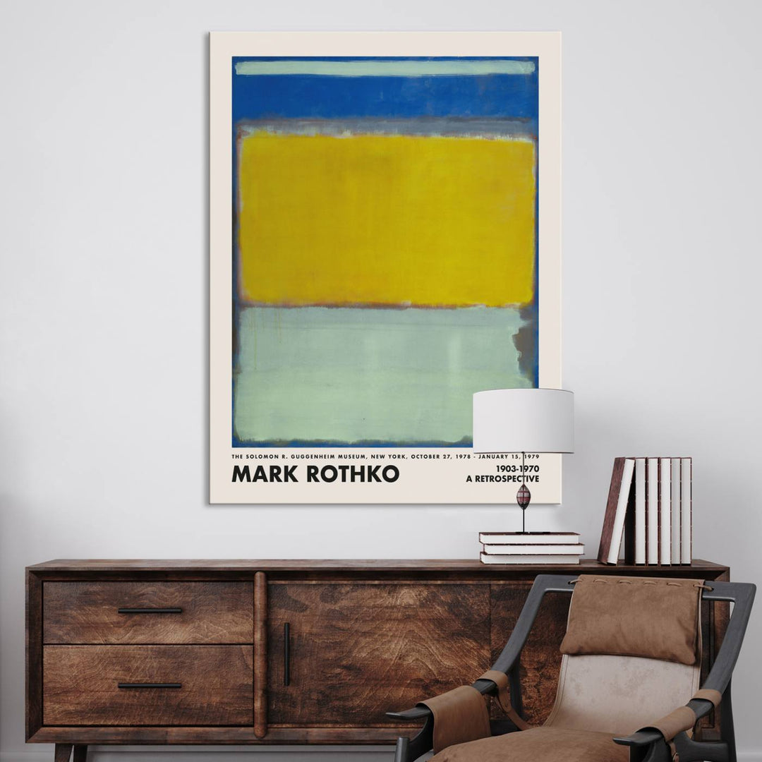 The modern minimalist living room is highlighted by the Mark Rothko Canvas Wall Art Print, a reproduction of abstract color art that ties the space together.