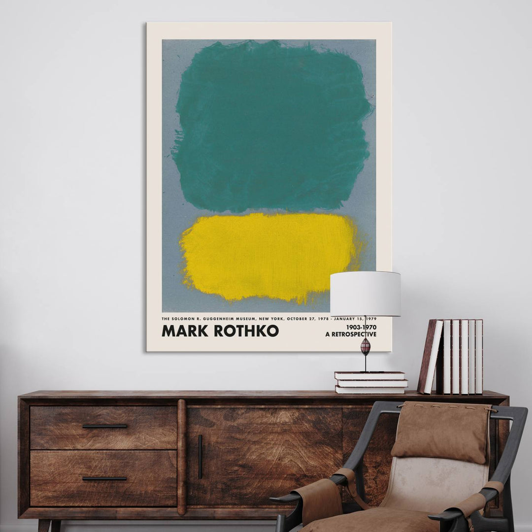 The Mark Rothko Canvas Wall Art Print, featuring teal and yellow shapes, adorns the space with its stunning Abstract Expressionism artistry, bringing an emotive presence that transforms any room.