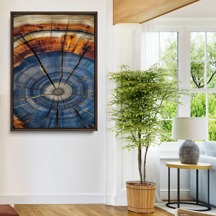 Tree Rings Wall Art Canvas Print, Framed Wood Texture Art Picture Print, Blue Grain Perfect Rustic Modern Decor Artwork, Wood Texture Wall Art Canvas