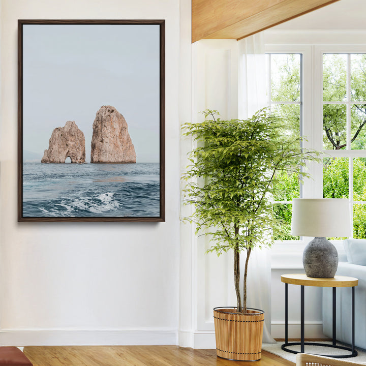 Faraglioni Capri Wall Art Canvas Print, Serene Ocean Print, Framed Mediterranean Coastal Art Print, Large Rocky Ocean Printing
