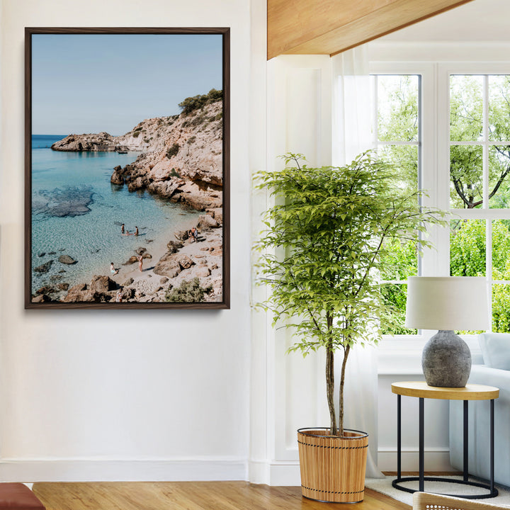 Turquoise Cove Wall Art Canvas Print, Ibiza Beach Print, Framed Mediterranean Shore Art Print, Large Clear Shoreline Printing Boho