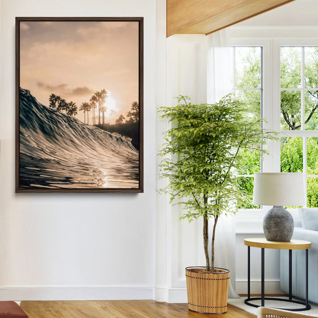 Golden Hour Ocean Wall Art Canvas Print, Tropical Beach Sunset Print, Framed Palm Tree Silhouettes Art Print, Large Warm Coastal