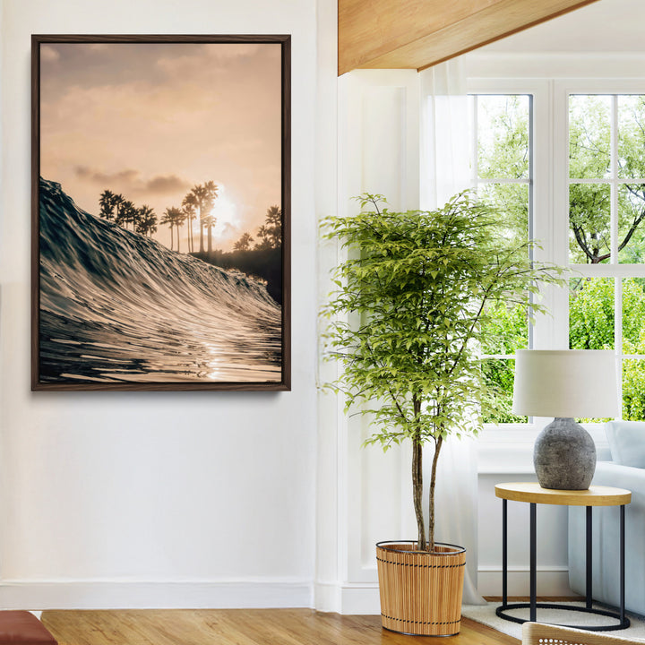 Golden Hour Ocean Wall Art Canvas Print, Tropical Beach Sunset Print, Framed Palm Tree Silhouettes Art Print, Large Warm Coastal