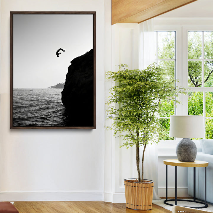 Cliff Jumping Wall Art Canvas Print, Black White Ocean Print, Framed Monochrome Cliff Dive Art Print, Large Coast Dive Printing,