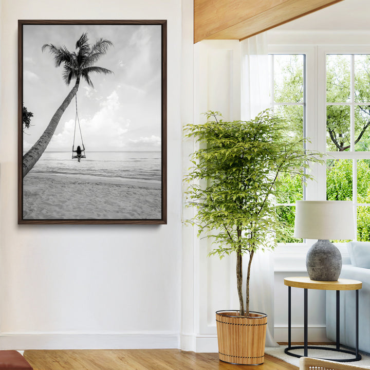 Black White Palm Tree Wall Art Canvas Print, Minimalist Beach Swing Print, Framed Monochrome Coastal Art Print, Large Tropical Ocean