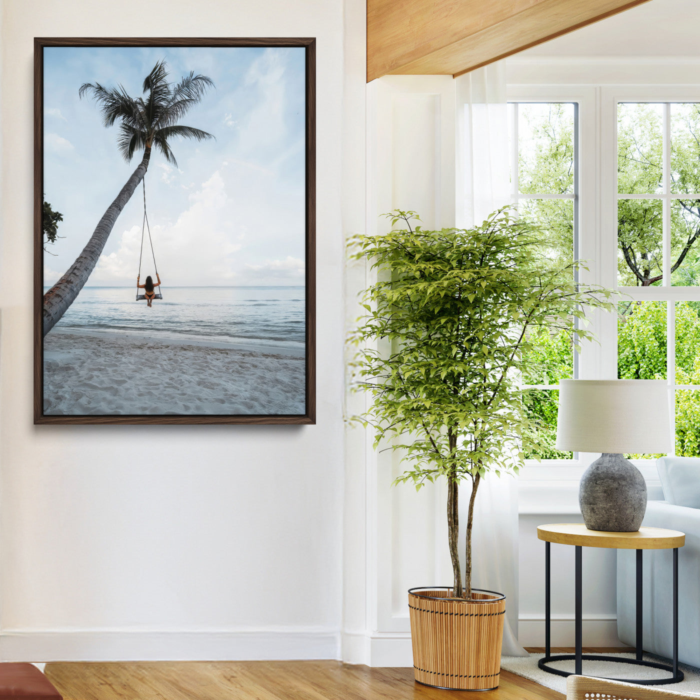 86062249-MGV-CV-36X24-Tropical Swing Scene Wall Art Canvas Print, Framed Tranquil Ocean Art Picture Print, Minimalist Palm Perfect Tropical Decor, Tropical Swing